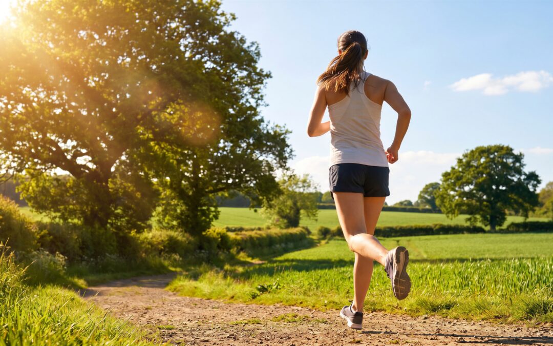 Frau läuft in Trainingsoutfit über Feldweg in sattgrüner Landschaft.